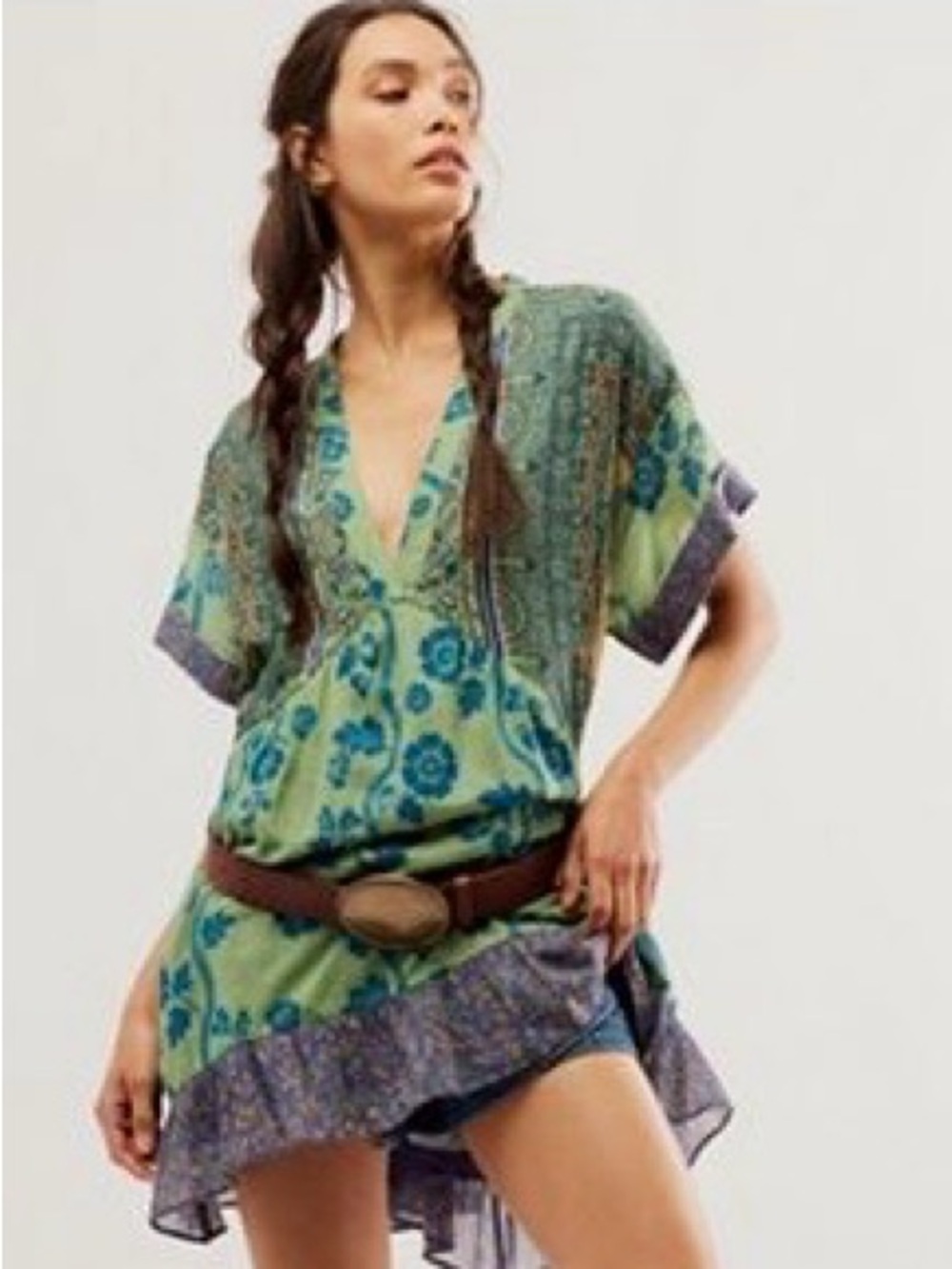 Agnes Floral V-Neck mini Dress in Green and Blue